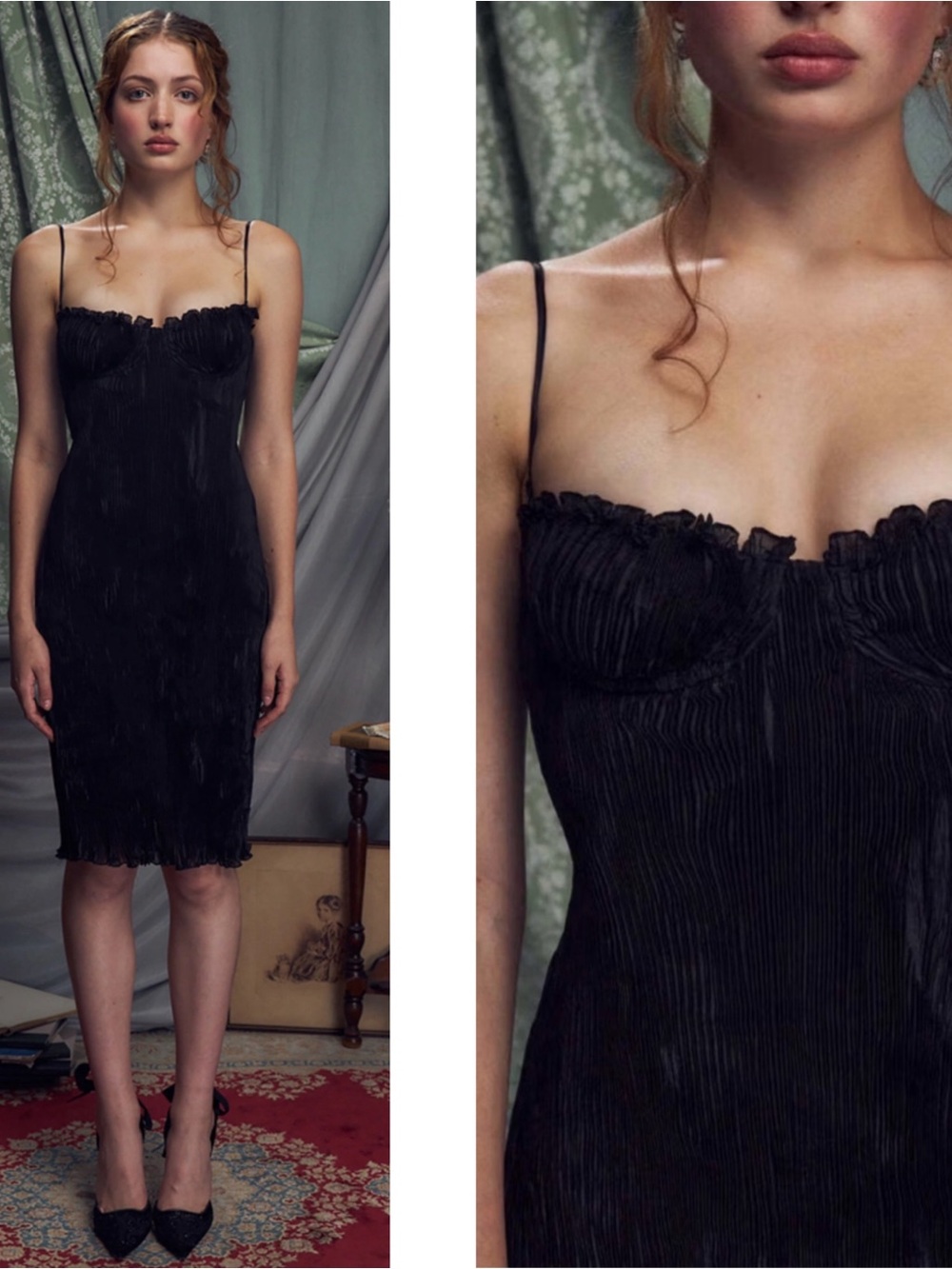MIRROR PALAIS Iris Pleated Textured Bustier Black Midi Dress Size Large